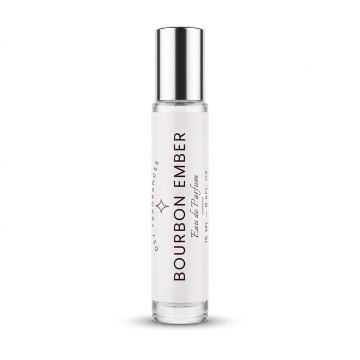 15ml bottle of Bourbon Ember Eau de Parfum by DST Fragrances against a white background.