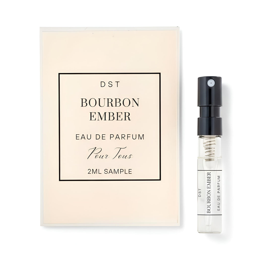 Bourbon Ember perfume sample with packaging on a white background