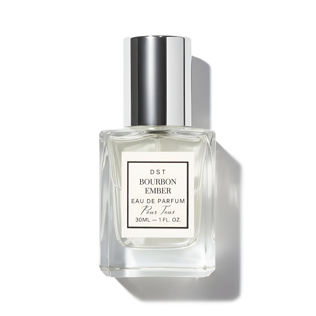 Perfume bottle labeled 'Bourbon Ember' by DST on a white background