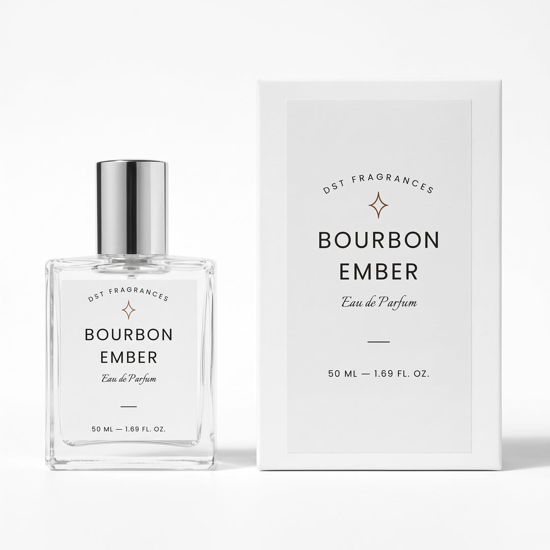 50ml bottle of Bourbon Ember Eau de Parfum and its box by DST Fragrances against a white background.