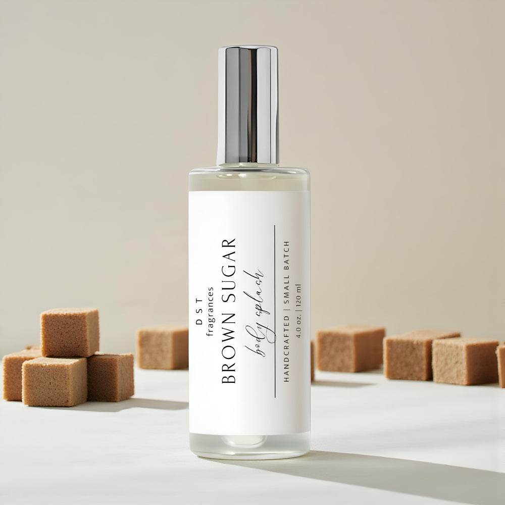 4oz Bottle of Brown Sugar body splash by DST Fragrances with brown sugar cubes on an ivory background