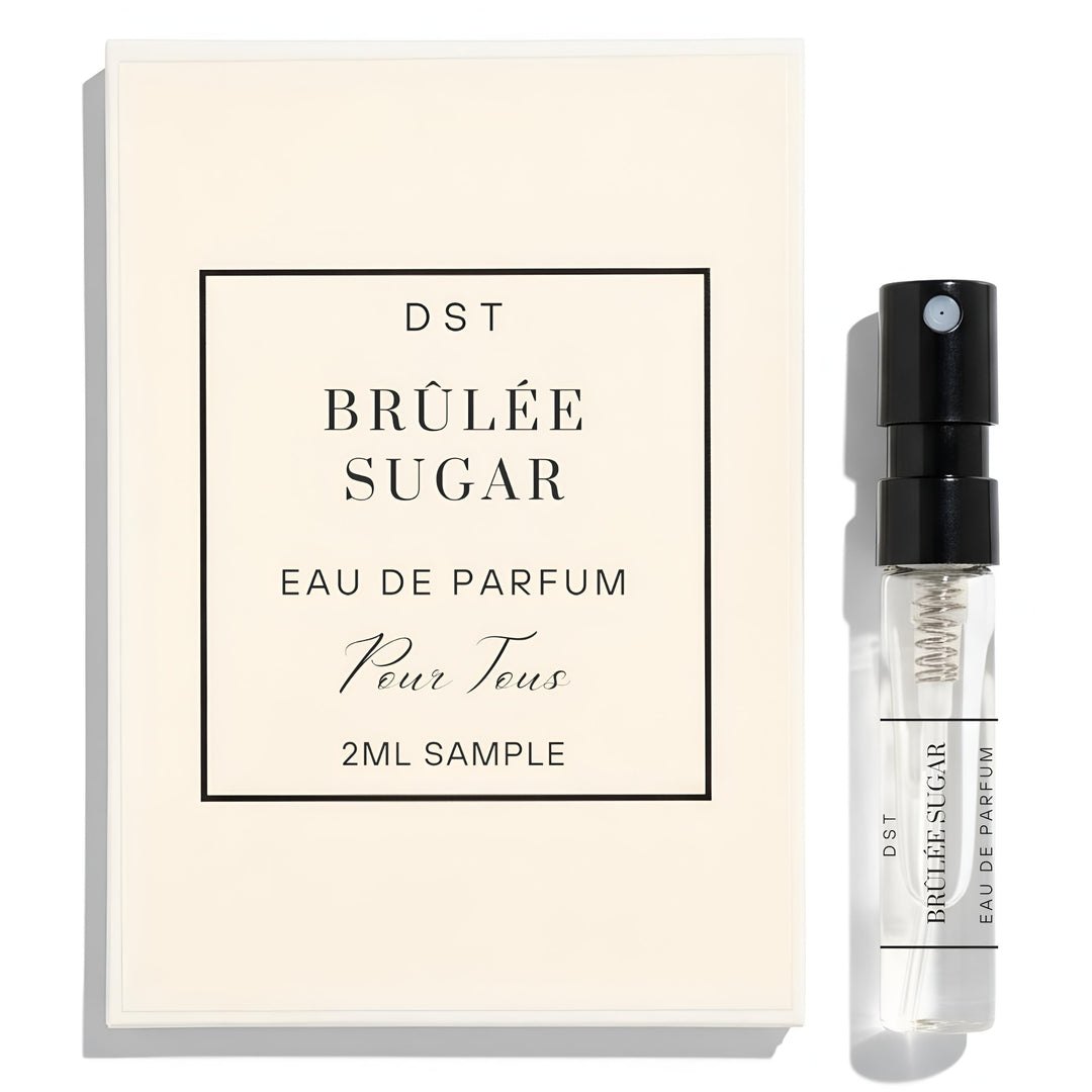 Brulee Sugar Eau de Parfum sample with packaging on a white background