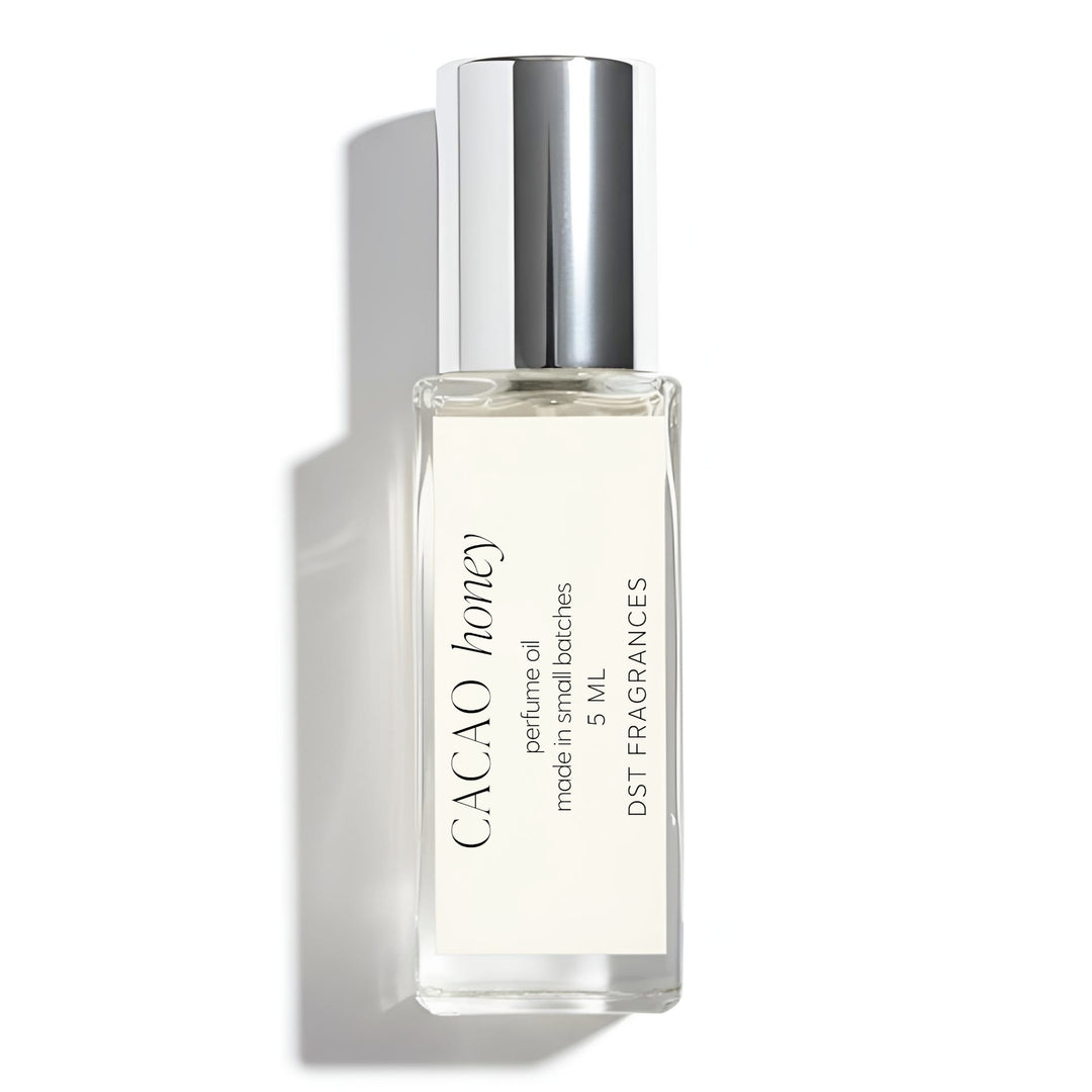 5ml bottle of Cacao Honey scented Perfume Oil by DST Fragrances against a white background.