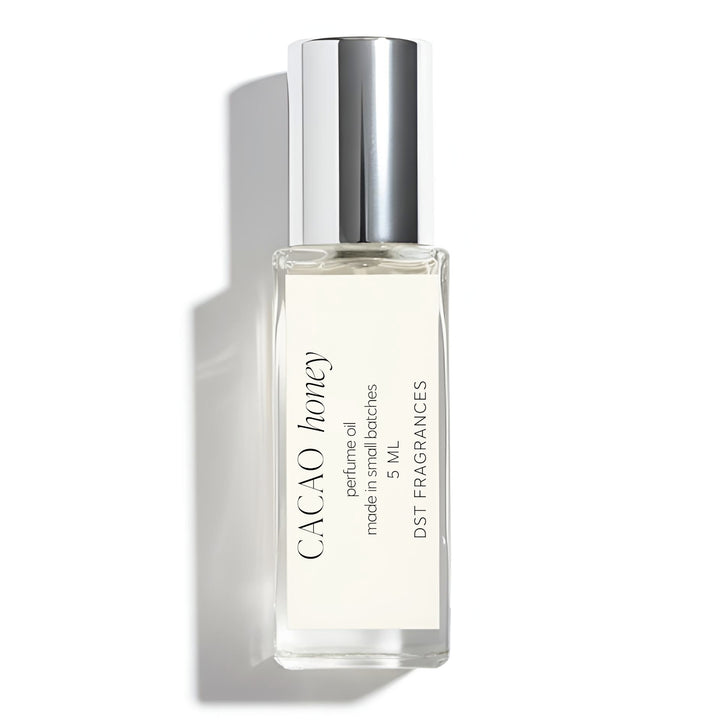 5ml bottle of Cacao Honey scented Perfume Oil by DST Fragrances against a white background.
