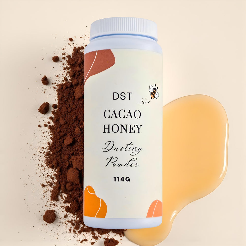 Cacao Honey Body Powder on an ivory background with honey and cocao powder 