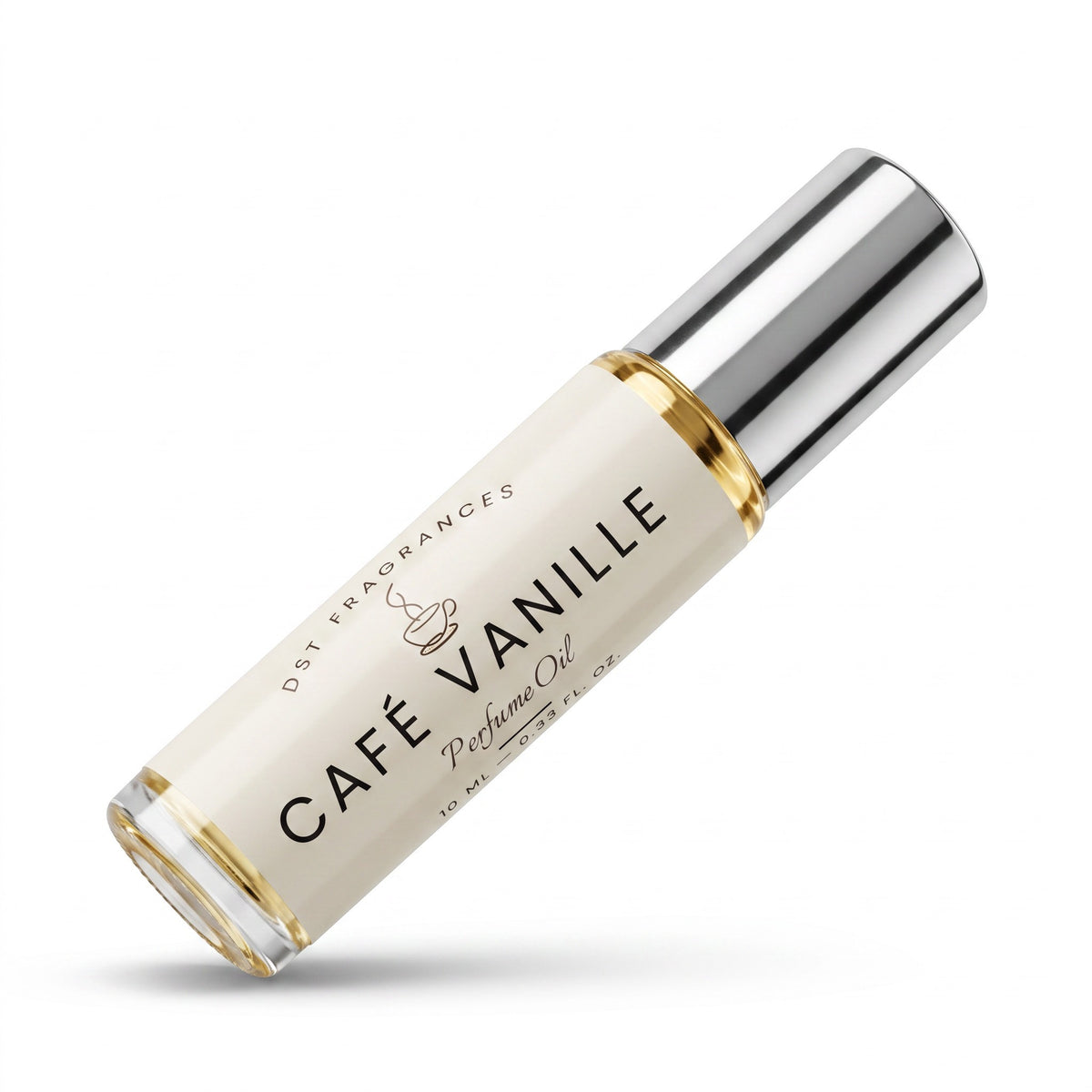 A 10ml glass perfume oil roller bottle with a silver cap, labeled 'CAFÉ VANILLE' by DST FRAGRANCES, on a clean white background.