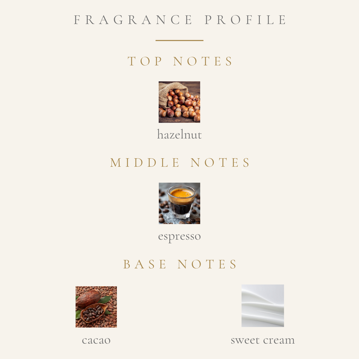 Top Notes:
hazelnut
Middle Notes:
espresso
Base Notes:
cacao
sweet cream