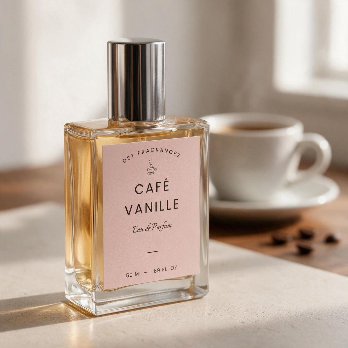 A bottle of Café Vanille Eau de Parfum by DST Fragrances, featuring a clear glass bottle with a silver cap and a light pink label, set on a table next to a white coffee cup in a warm, softly lit environment.