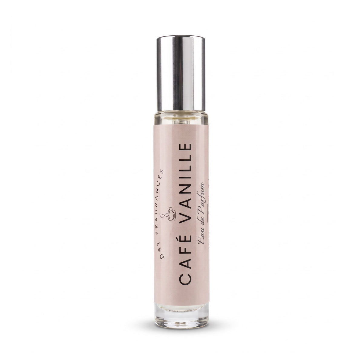 A small cylindrical perfume roller bottle labeled 'Café Vanille' by Dal Rinchamps, featuring a pale pink label and a shiny silver cap, set against a plain white background.