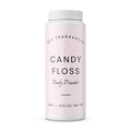 A white plastic bottle of DST Fragrances Candy Floss Body Powder with a pale pink label, shown on a clean white background.