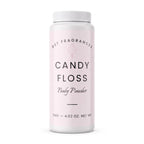 A white plastic bottle of DST Fragrances Candy Floss Body Powder with a pale pink label, shown on a clean white background.