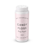 A white plastic bottle of DST Fragrances Candy Floss Body Powder with a light pink label, shown on a clean white background.