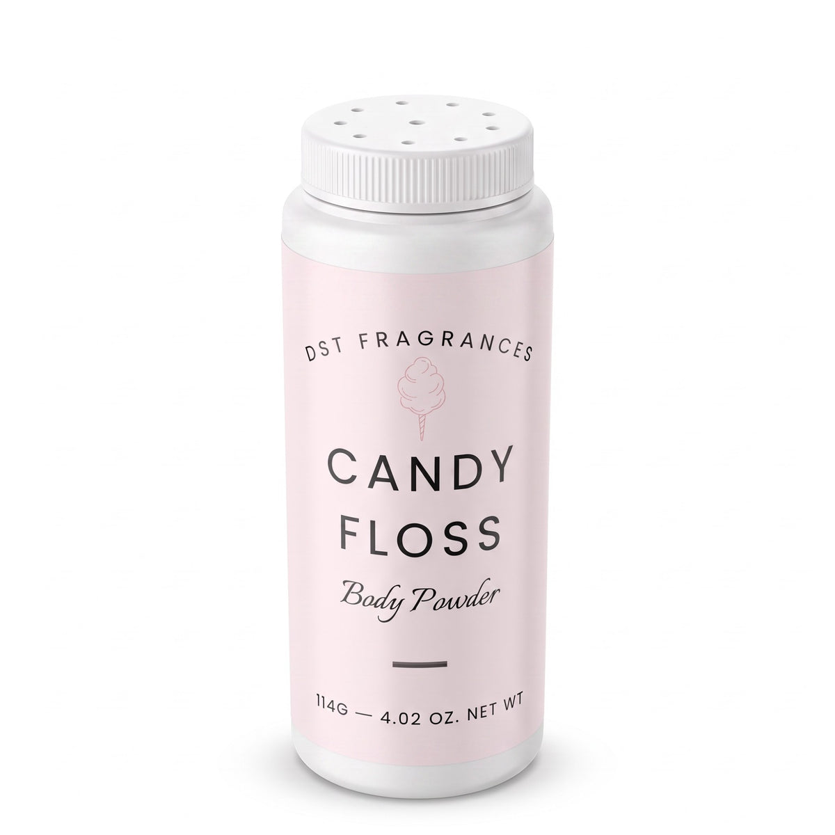 A white plastic bottle of DST Fragrances Candy Floss Body Powder with a light pink label, shown on a clean white background.