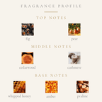 Top Notes:
dried golden fig
pear
Middle Notes:
cedarwood
cashmere
Base Notes:
whipped honey
praline
amber