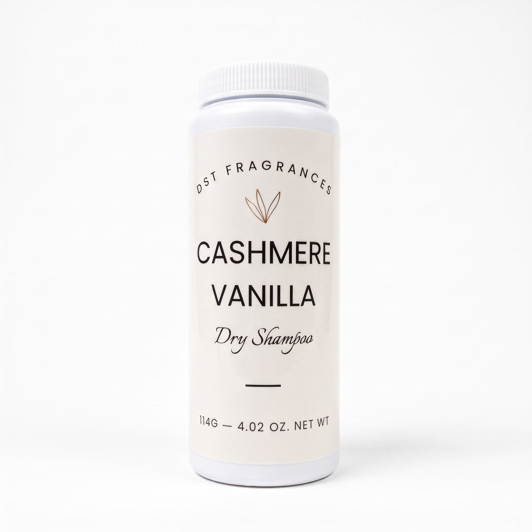 114g bottle of Cashmere Vanilla scented Dry Shampoo Powder by DST Fragrances against a white background.
