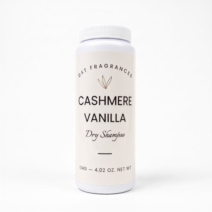 114g bottle of Cashmere Vanilla scented Dry Shampoo Powder by DST Fragrances against a white background.