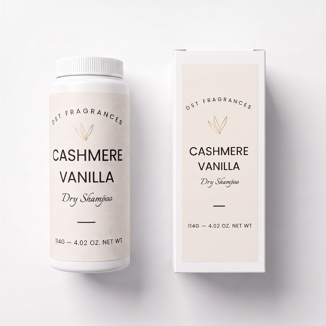 114g bottle of Cashmere Vanilla scented Dry Shampoo Powder and its box by DST Fragrances against a white background.