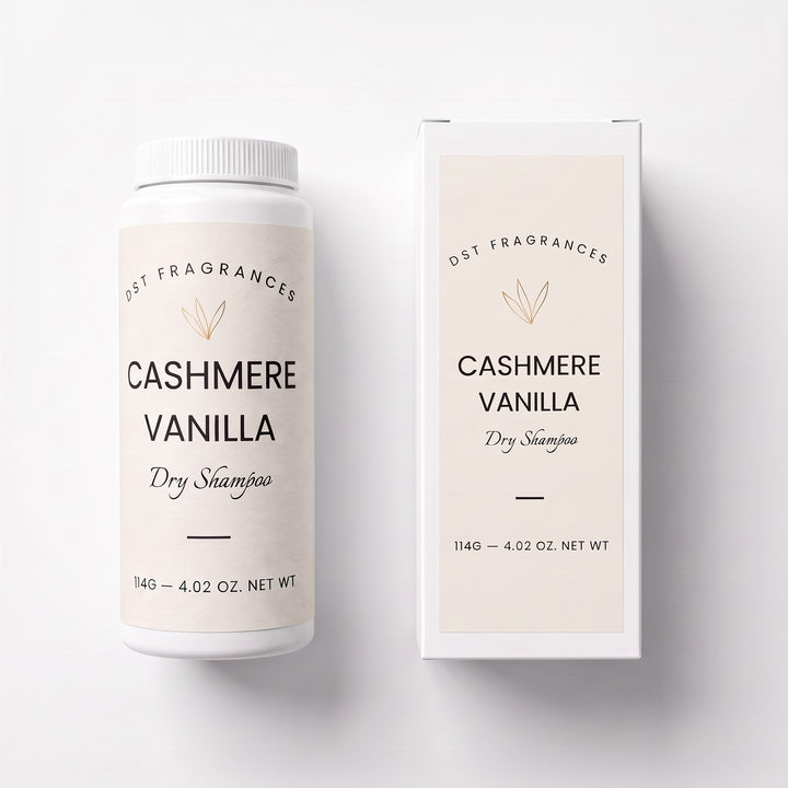 114g bottle of Cashmere Vanilla scented Dry Shampoo Powder and its box by DST Fragrances against a white background.