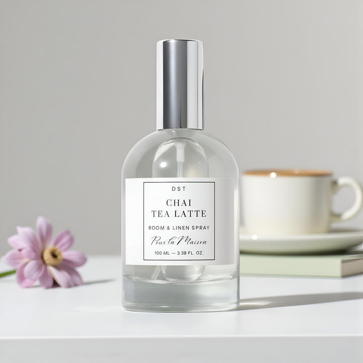 Chai Tea Latte room spray with packaging on a marble background