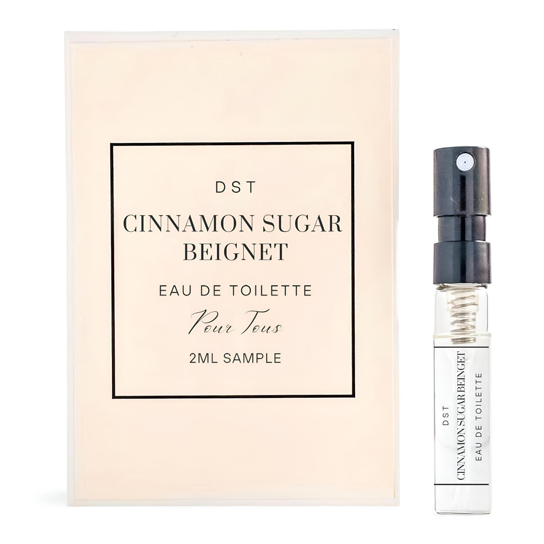 Cinnamon Sugar Beignet perfume sample with packaging on a white background