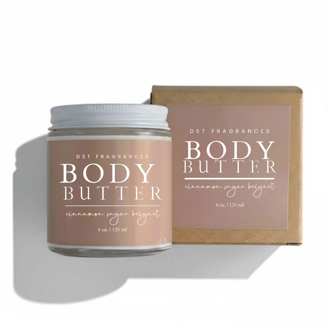 Body butter jar and packaging with 'DST Fragrances' branding on a white background