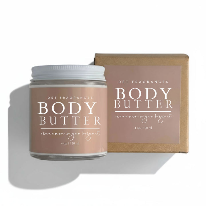 Body butter jar and packaging with 'DST Fragrances' branding on a white background