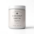 A white plastic jar of DST Fragrances Coconut Santal Body Butter on a clean white background.