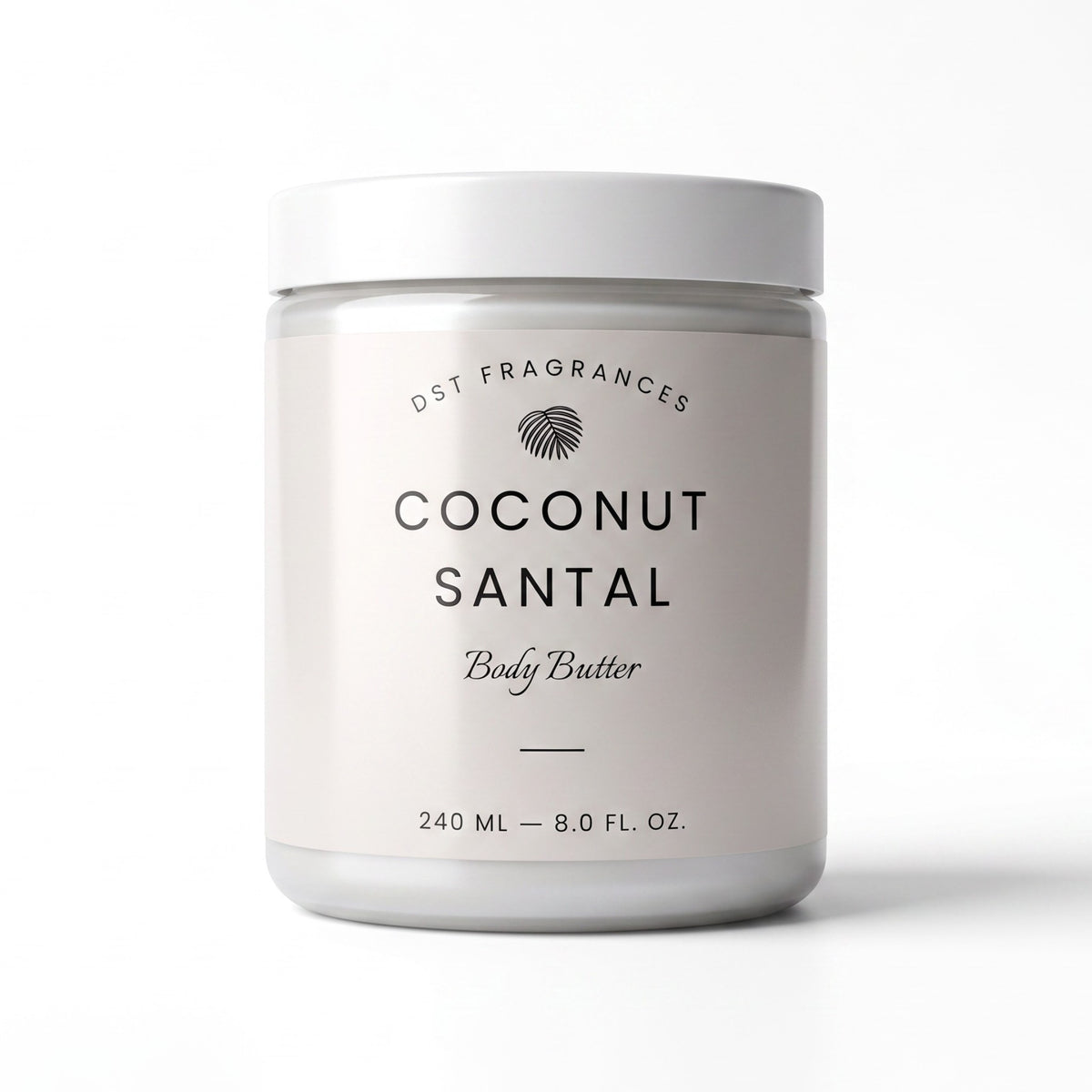 A white plastic jar of DST Fragrances Coconut Santal Body Butter on a clean white background.
