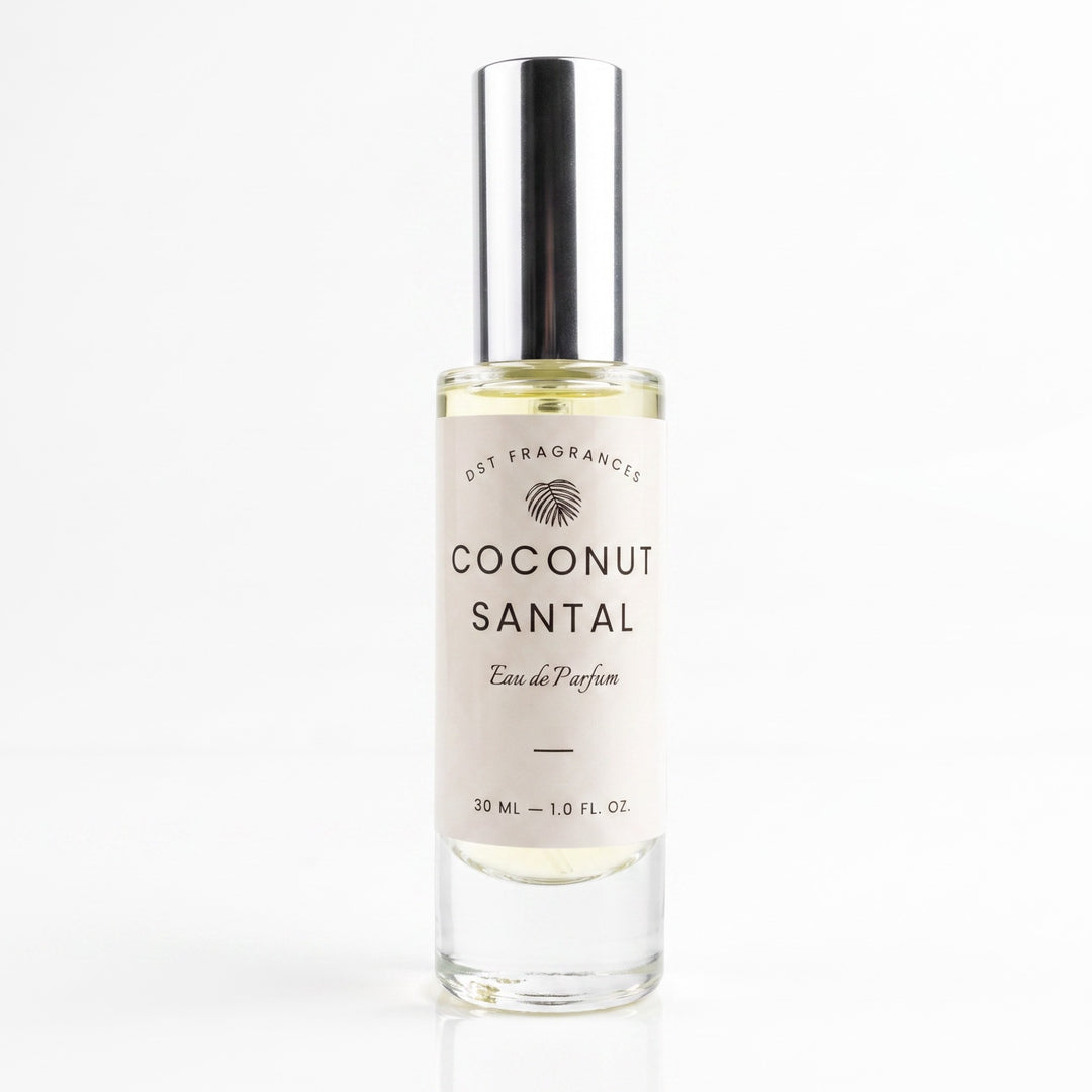A 30 ml clear glass bottle of Coconut Santal Eau de Parfum by Est Fragrances, featuring a white label and a reflective silver cap, set against a plain white background.