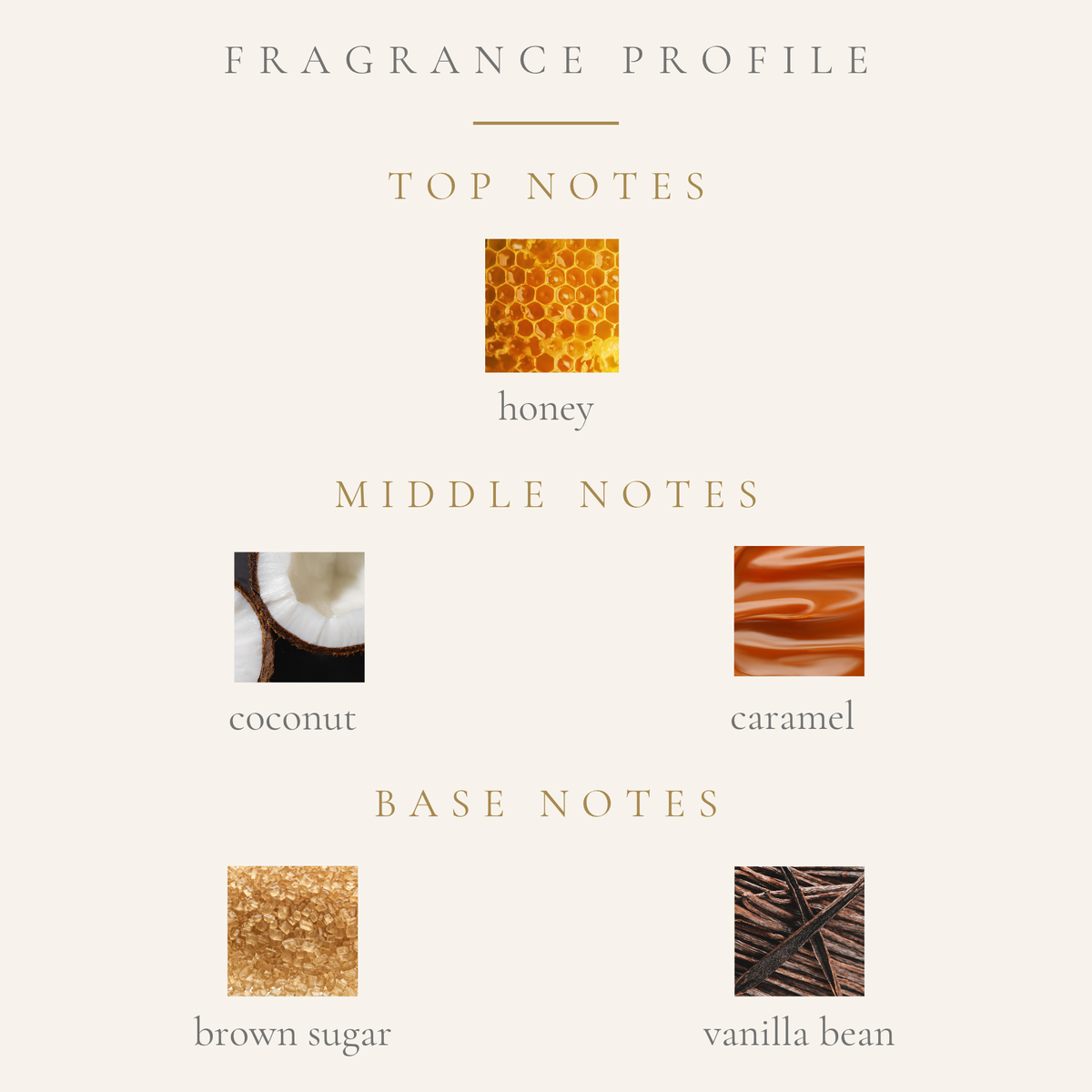 Top Notes:
honey
Middle Notes:
coconut
caramel
Base Notes:
brown sugar
vanilla bean