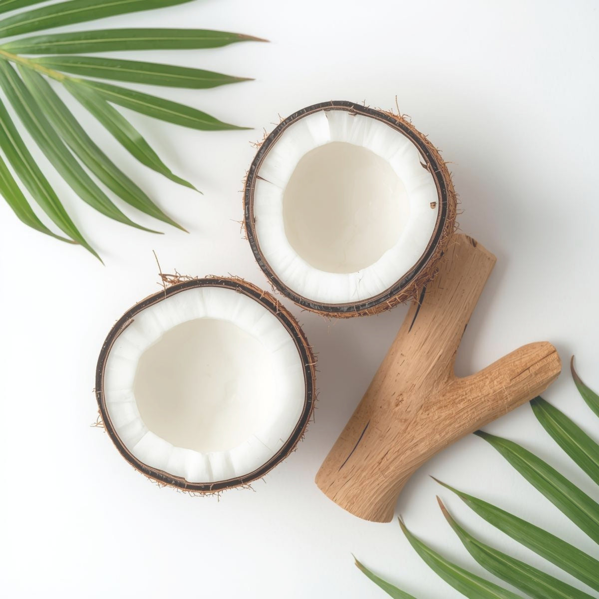 Two halves of a coconut with white flesh arranged on a white background, alongside a small wooden Y-shaped prop and green palm leaves.