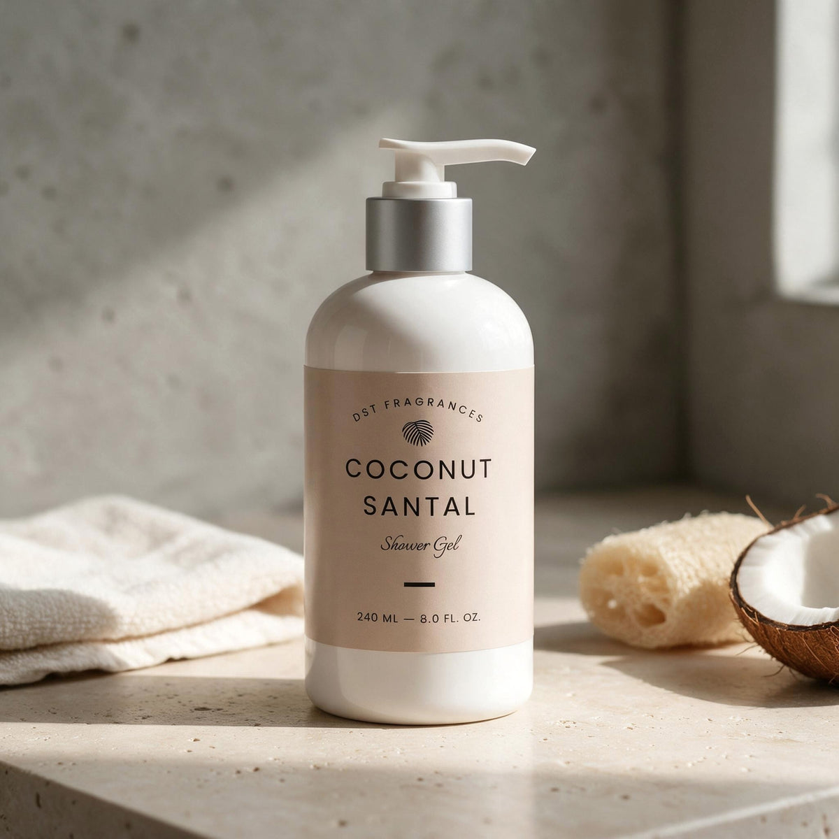 A bottle of Coconut Santal Shower Gel by DST Fragrances, set on a stone bathroom counter with a folded towel, a sponge, and a coconut half in soft sunlight.