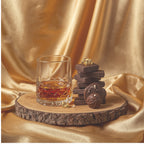 A clear cut-glass rocks tumbler filled with amber liquor sits on a rustic wood slice, styled beside stacked dark chocolate bars and truffles with small gold foil accents, all set against a draped champagne-gold satin backdrop.