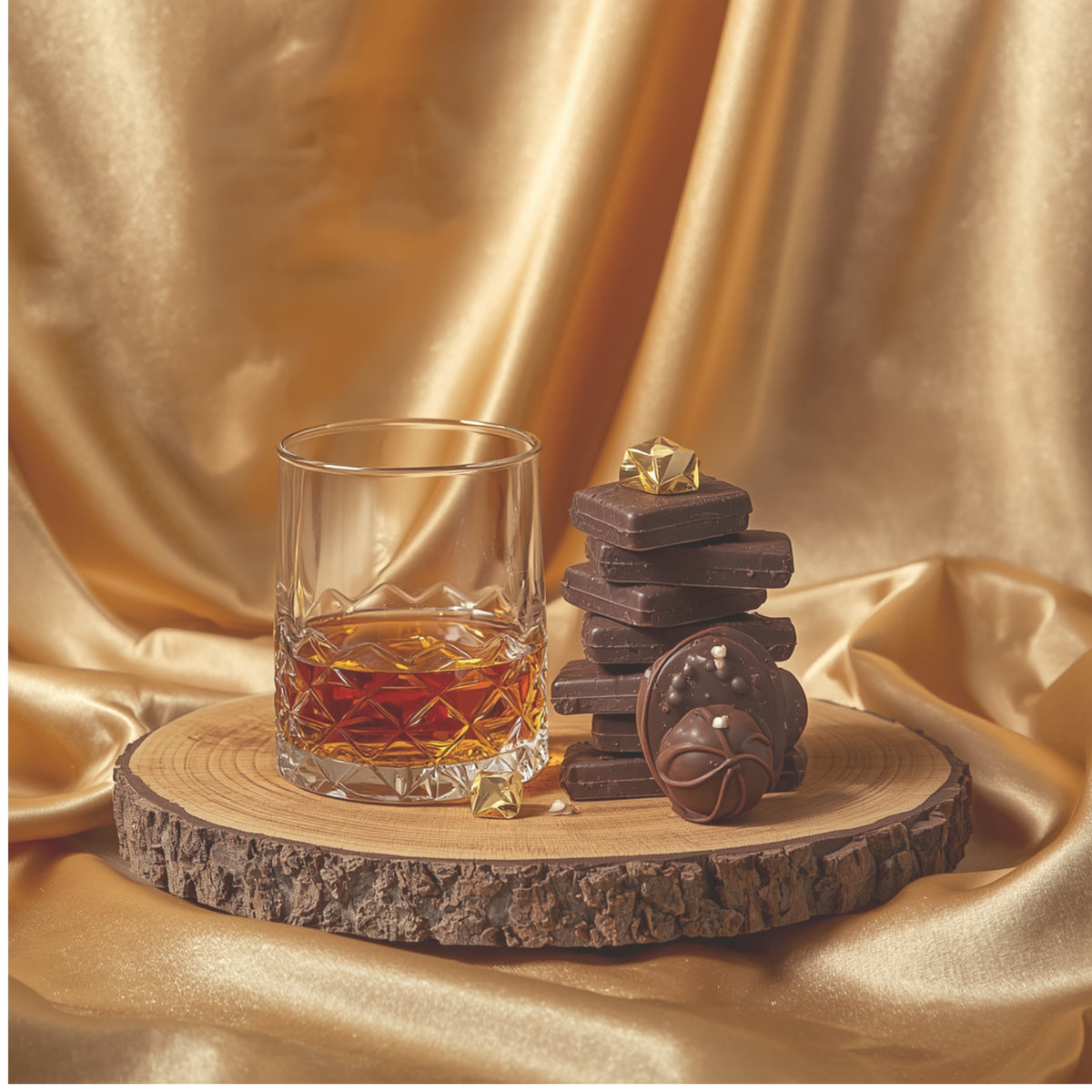 A clear cut-glass rocks tumbler filled with amber liquor sits on a rustic wood slice, styled beside stacked dark chocolate bars and truffles with small gold foil accents, all set against a draped champagne-gold satin backdrop.