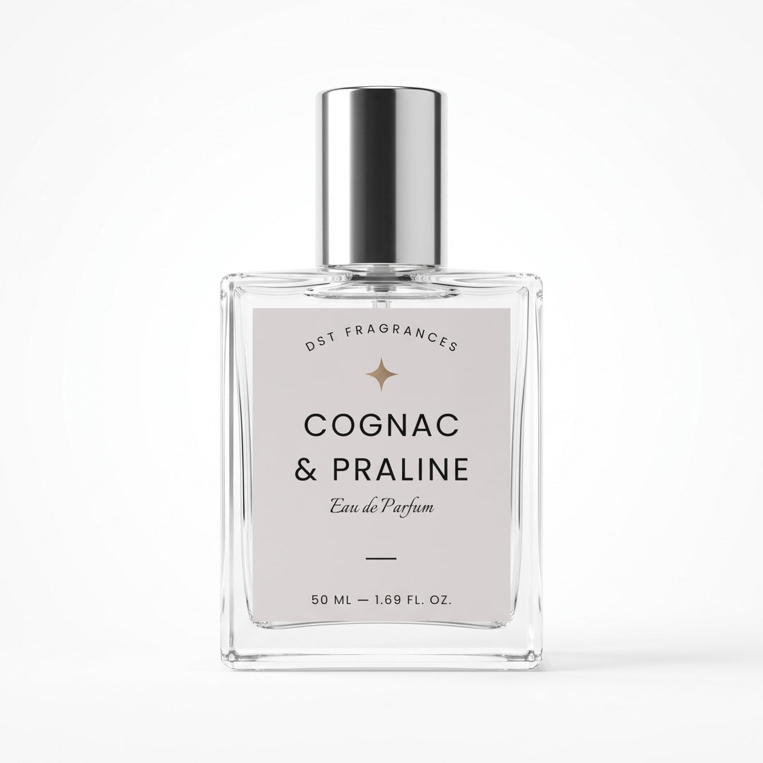 50ml bottle of Cognac &amp; Praline Eau de Parfum by dst fragrances against a white background.
