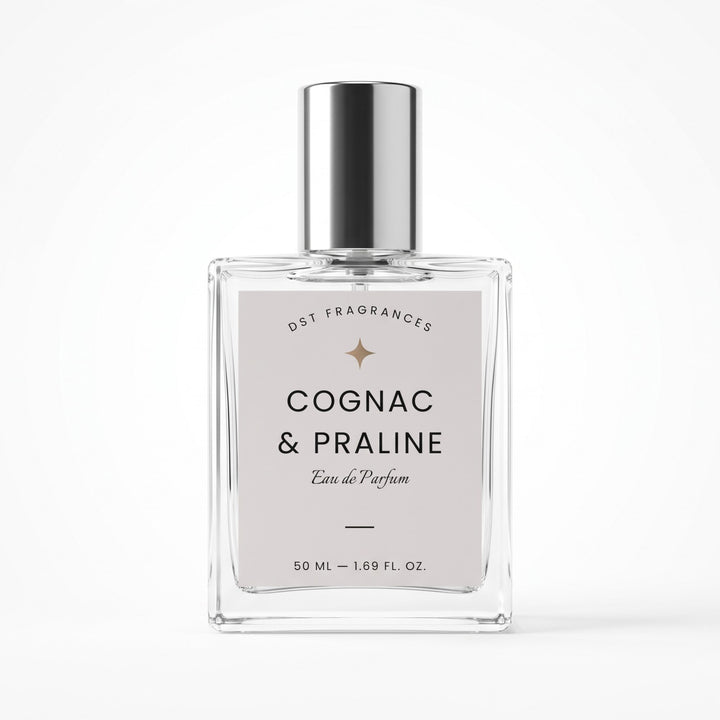 50ml bottle of Cognac &amp; Praline Eau de Parfum by dst fragrances against a white background.