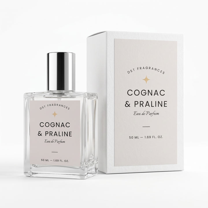 15ml bottle of Cognac &amp; Praline Eau de Parfum and its box by dst fragrances against a white background.
