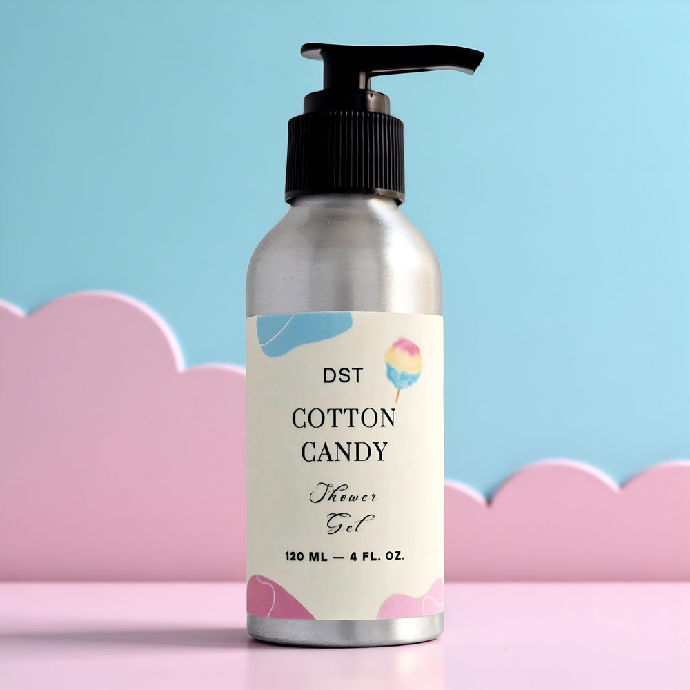 Cotton Candy Shower Gel against blue sky background with pink clou