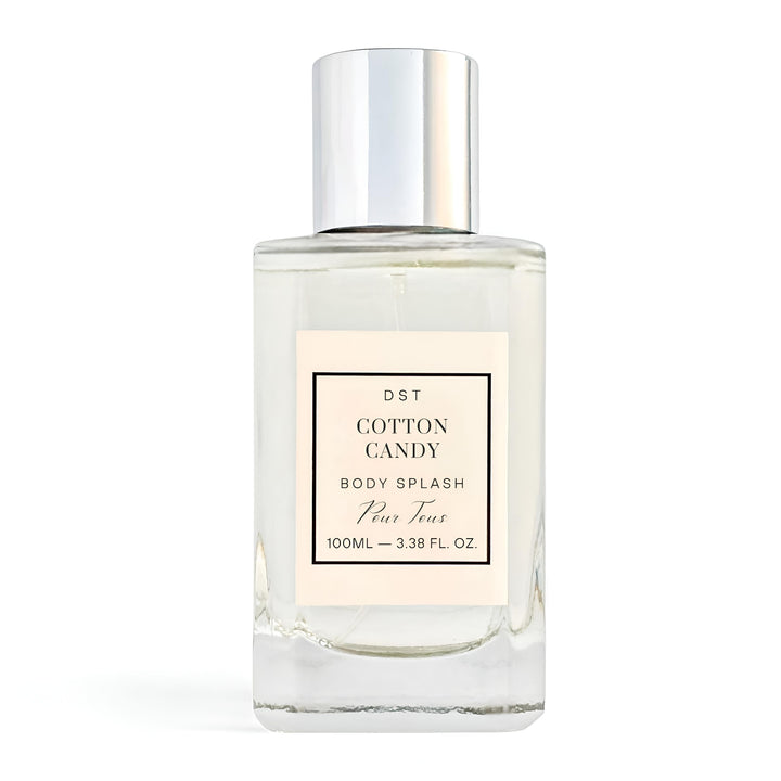 Cotton Candy body splash bottle with a white label on a white background