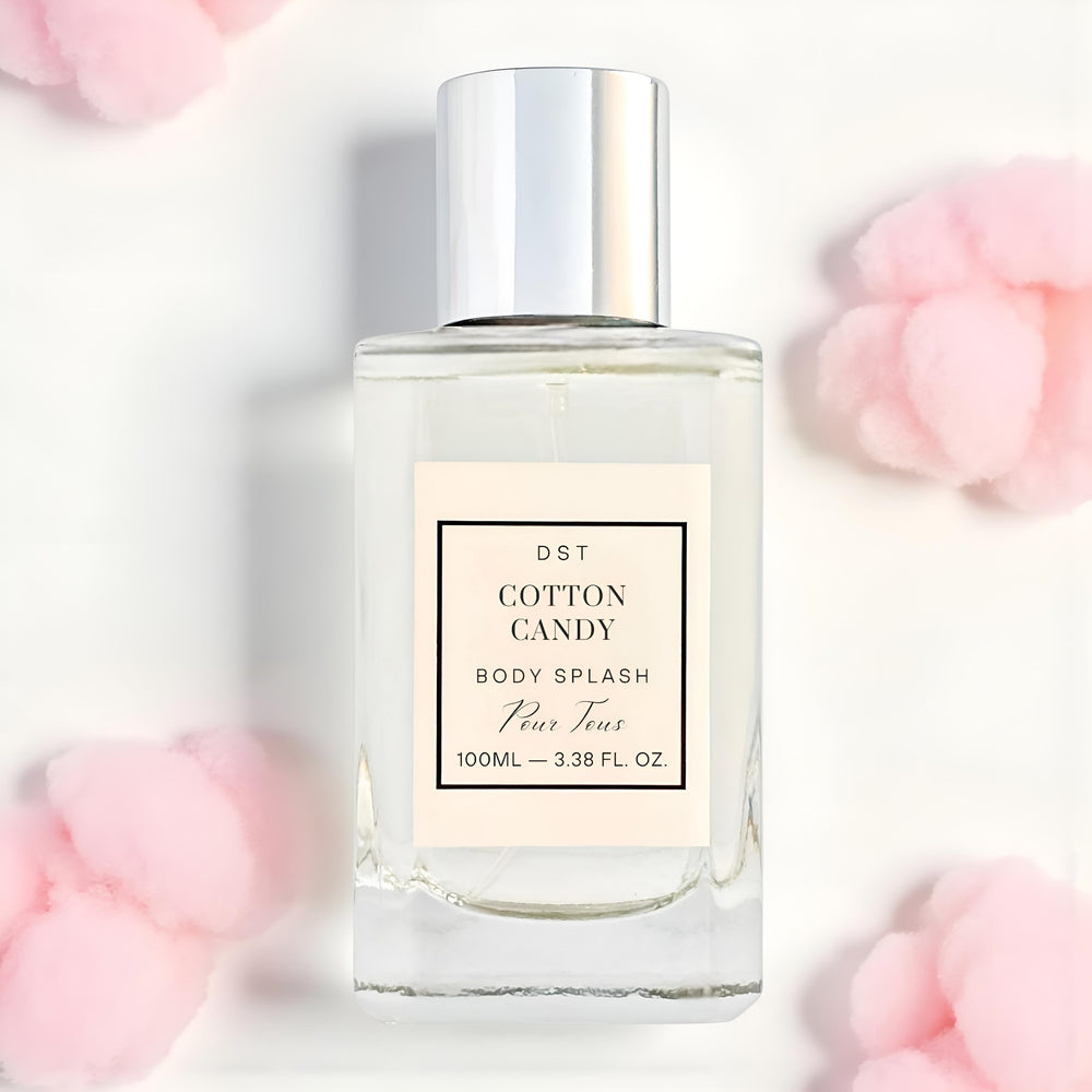 Cotton Candy Body splash bottle with a label on a light background with pink Cotton Candy.