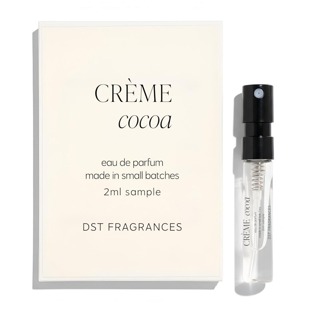 2ml sample spray vial of Creme Cocoa Eau de Parfum by DST Fragrances against a white background.