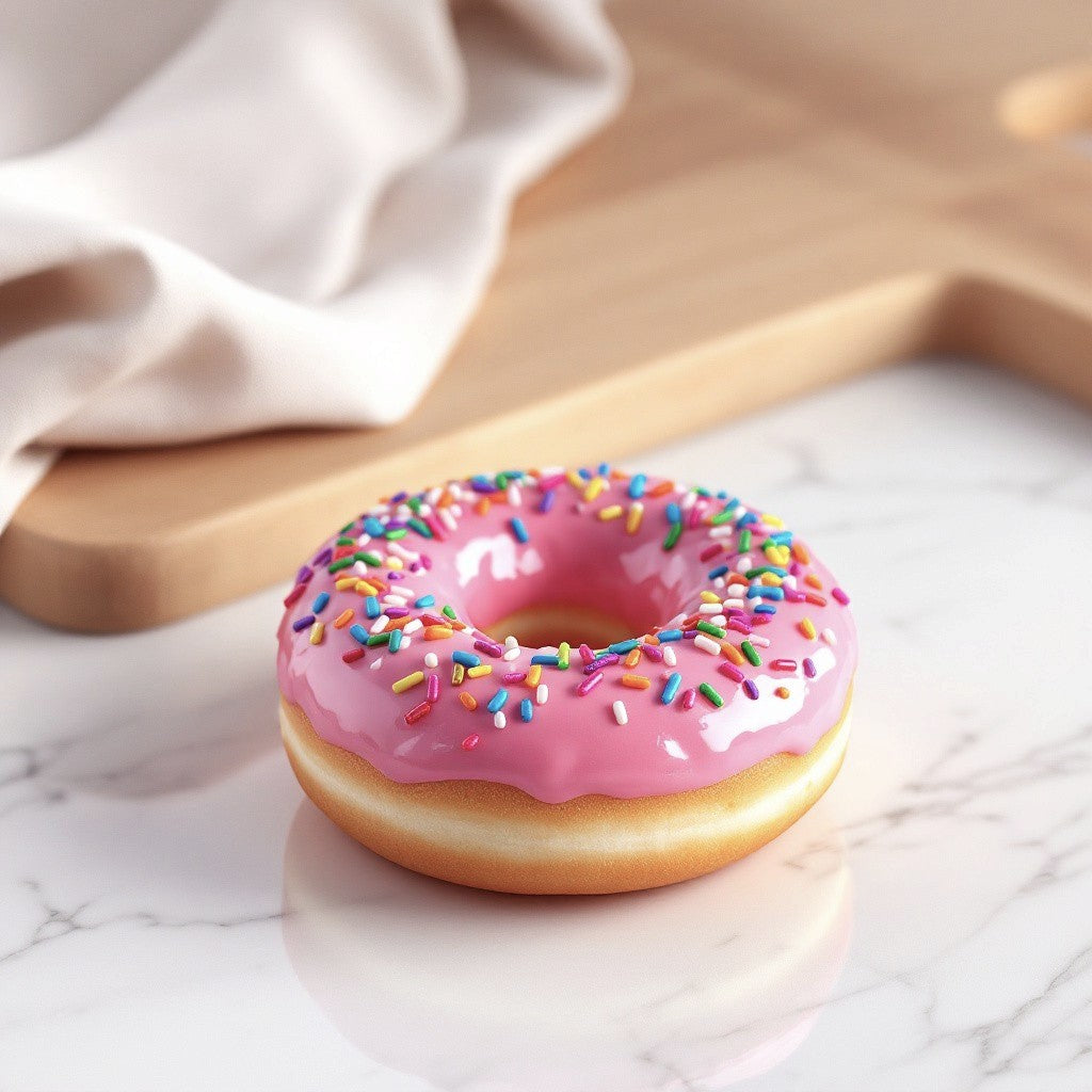 A single frosted donut with pink icing and colorful sprinkles, photographed on a white marble surface with a wooden board and soft fabric in the background.