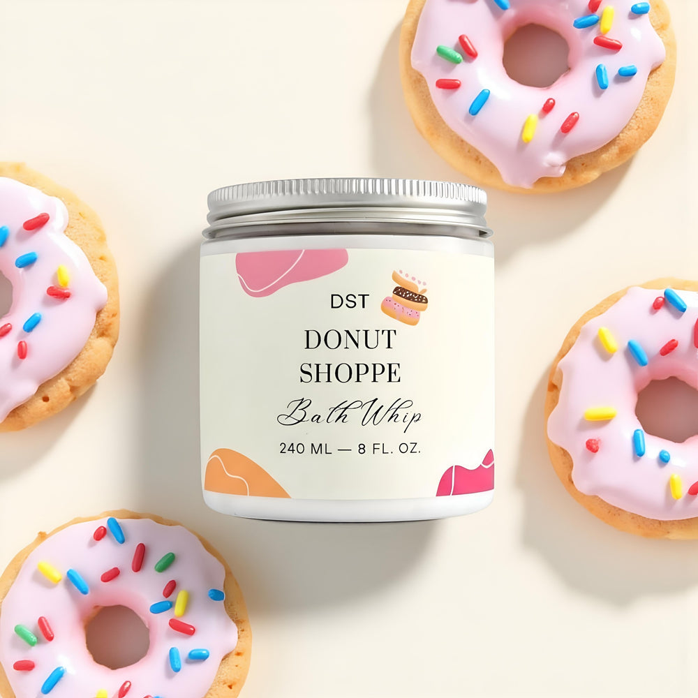 Bath Whip container with 'DST Donut Shoppe' branding surrounded by donuts.