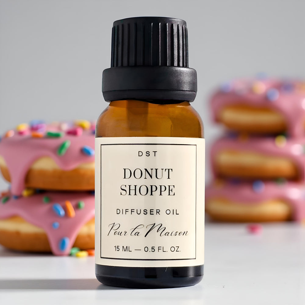Bottle of Donut Shoppe scented diffuser oil with c
