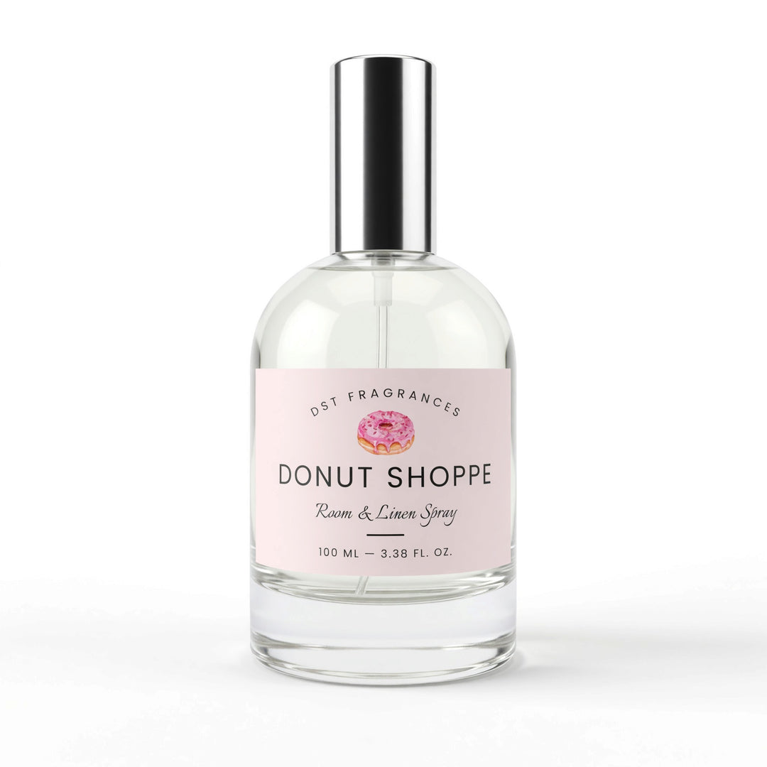100ml bottle of Donut Shoppe Linen Spray by DST Fragrances against a white background.