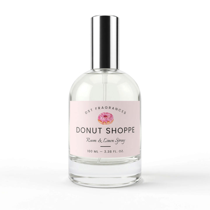 100ml bottle of Donut Shoppe Linen Spray by DST Fragrances against a white background.