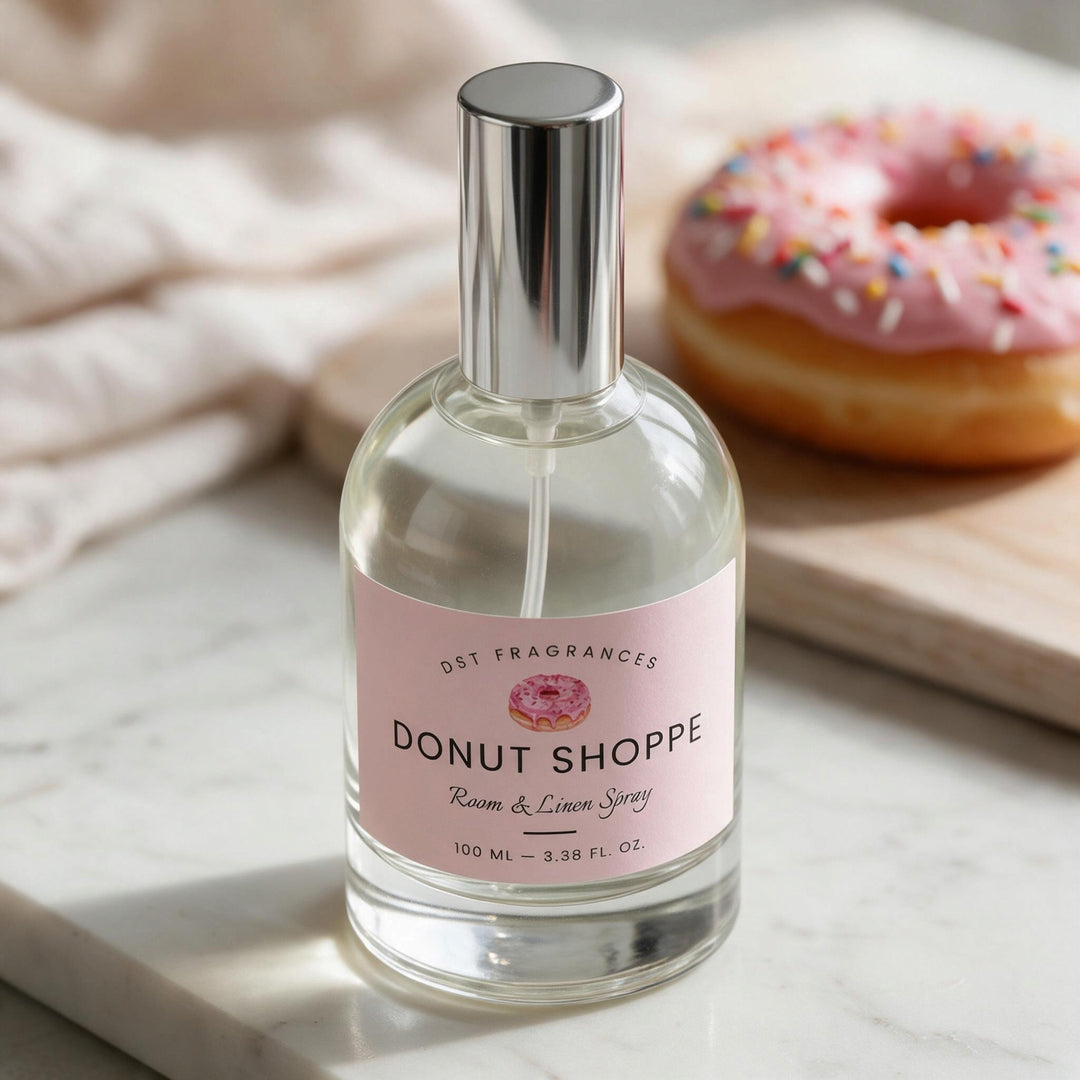 A clear glass bottle of Donut Shoppe room and linen spray with a pink label and silver cap, set on a marble surface with a pink-frosted donut blurred in the background.
