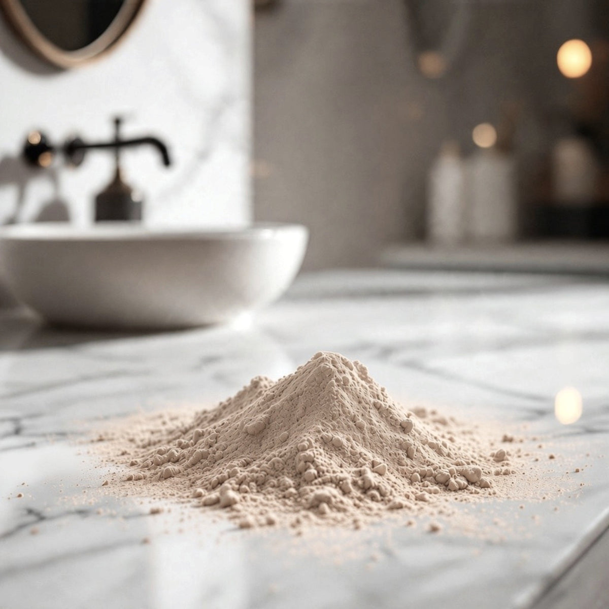 A small mound of light beige dry shampoo powder sits on a white marble countertop in a bathroom setting, with a white vessel sink and blurred fixtures in the background.