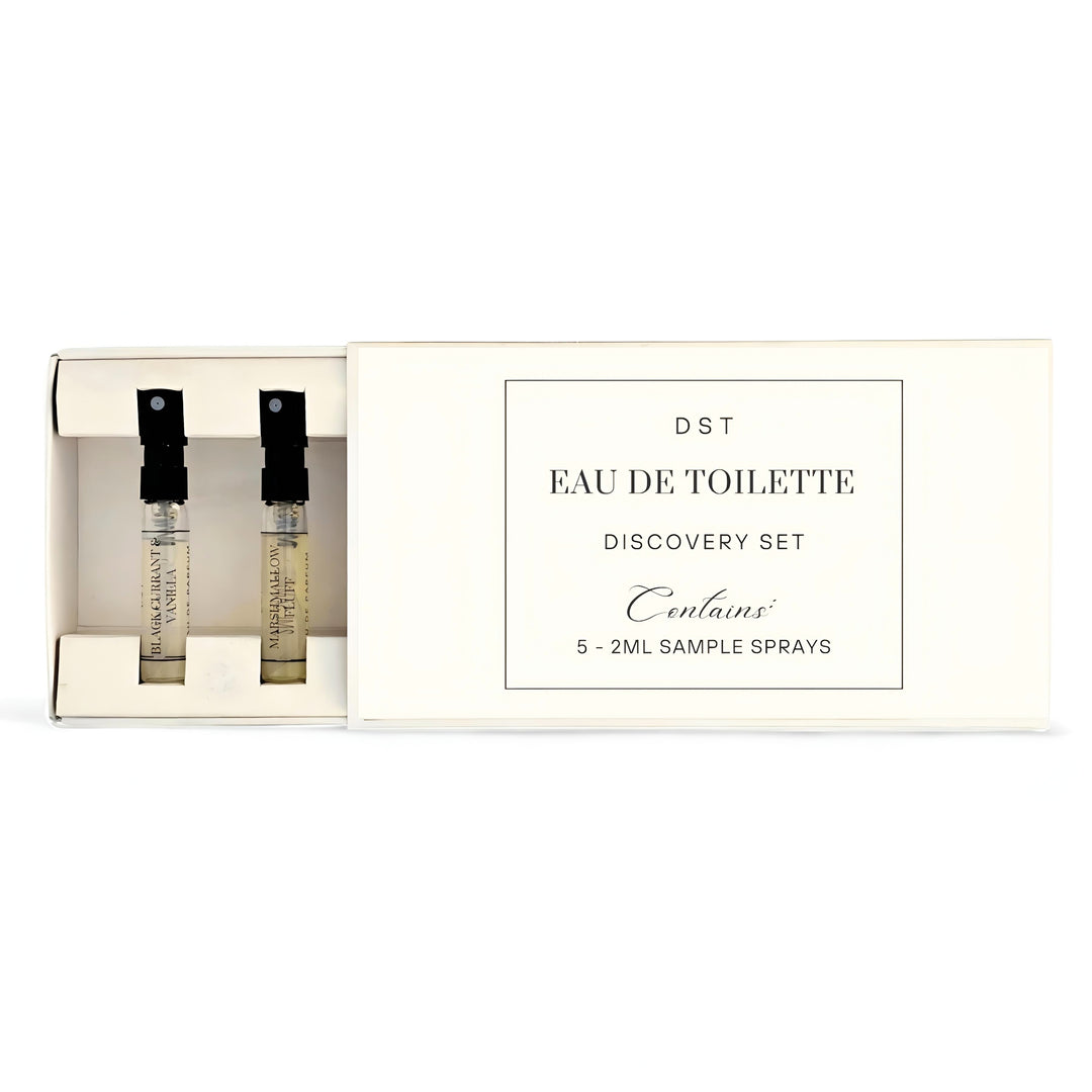 DST Eau de Toilette Discovery Set with sample sprays in a box on a white background