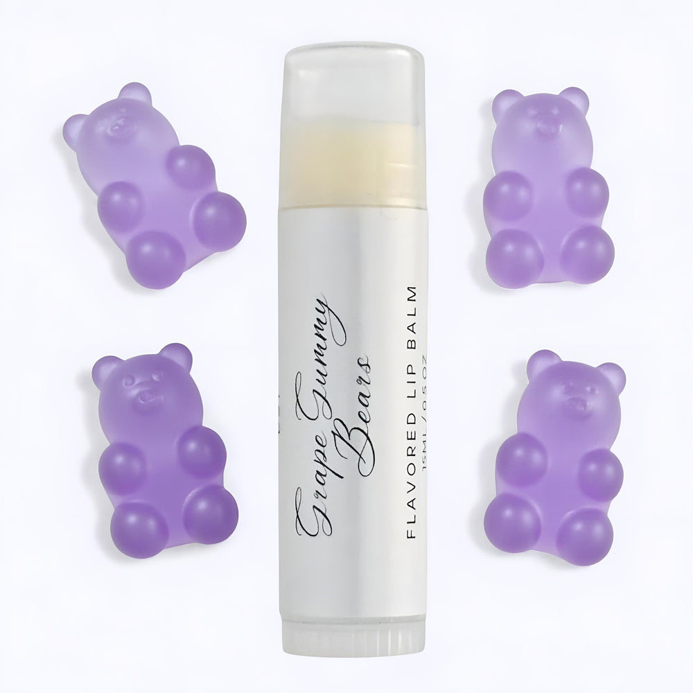 DST Fragrances Grape Gummy Bears Flavored Lip balm with purple gummy bear-shaped containers on a white background.
